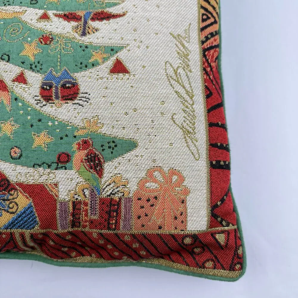 Vintage Laurel Burch Christmas Tree Tapestry Pillow Holiday Folk Art 18x18 90s